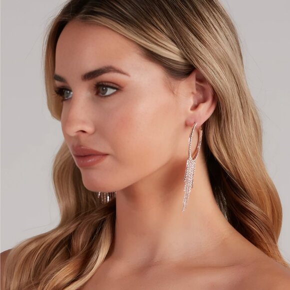 Windsor Rose Gold Rhinestone Fringe Hoop Earrings – Lightweight Statement - Picture 1 of 2